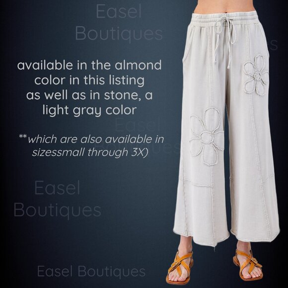 EASEL “Flower Power” Mineral Wash Pants Wide Leg Cozy Relax Fit Raw Seams, Hems - Picture 14 of 14